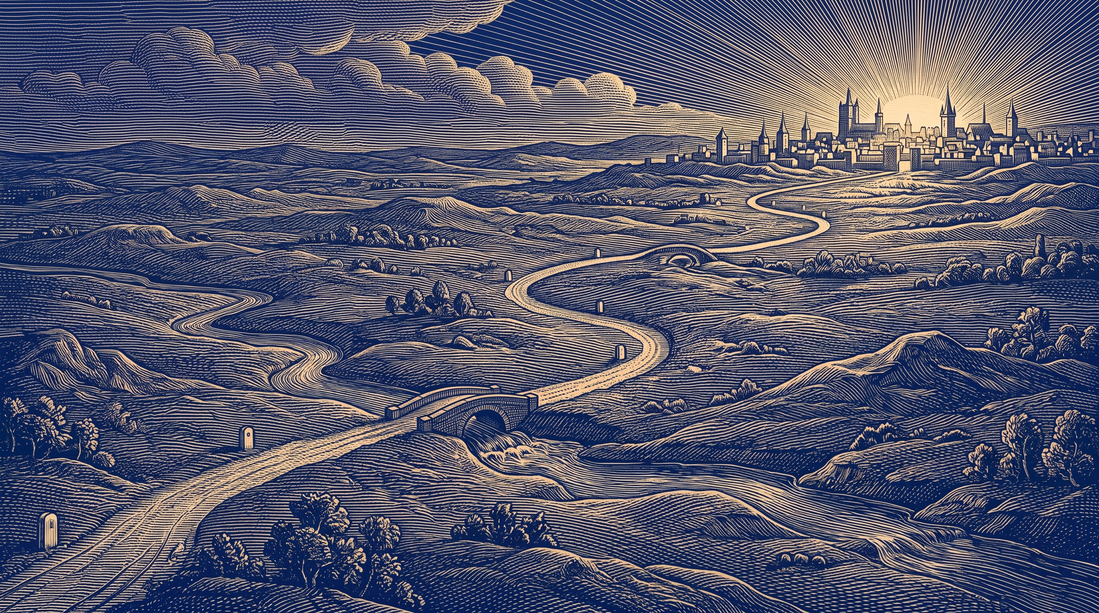 A winding road with seven milestones, engraved